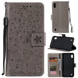 Embossing Cherry Blossom Cat Leather Wallet Case for Samsung Galaxy M10 - Gray