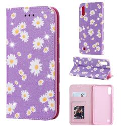 Ultra Slim Daisy Sparkle Glitter Powder Magnetic Leather Wallet Case for Samsung Galaxy M10 - Purple