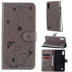 Embossing Bee and Cat Leather Wallet Case for Samsung Galaxy M10 - Gray
