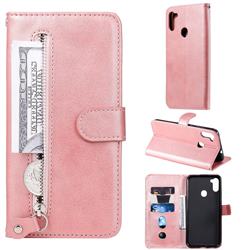 Retro Luxury Zipper Leather Phone Wallet Case for Samsung Galaxy M11 - Pink