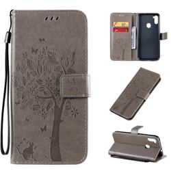 Embossing Butterfly Tree Leather Wallet Case for Samsung Galaxy M11 - Grey
