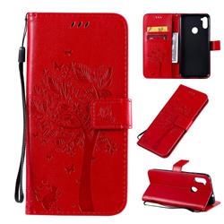 Embossing Butterfly Tree Leather Wallet Case for Samsung Galaxy M11 - Red