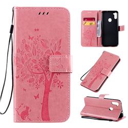 Embossing Butterfly Tree Leather Wallet Case for Samsung Galaxy M11 - Pink