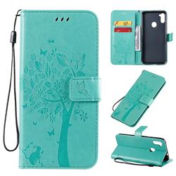 Embossing Butterfly Tree Leather Wallet Case for Samsung Galaxy M11 - Cyan