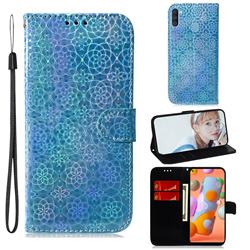 Laser Circle Shining Leather Wallet Phone Case for Samsung Galaxy M11 - Blue