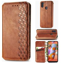 Ultra Slim Fashion Business Card Magnetic Automatic Suction Leather Flip Cover for Samsung Galaxy M11 - Brown