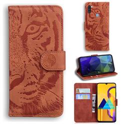 Intricate Embossing Tiger Face Leather Wallet Case for Samsung Galaxy M11 - Brown
