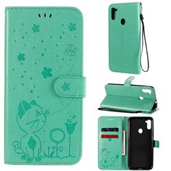 Embossing Bee and Cat Leather Wallet Case for Samsung Galaxy M11 - Green