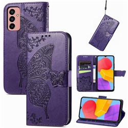 Embossing Mandala Flower Butterfly Leather Wallet Case for Samsung Galaxy M13 4G - Dark Purple