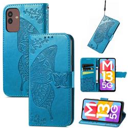 Embossing Mandala Flower Butterfly Leather Wallet Case for Samsung Galaxy M13 5G - Blue