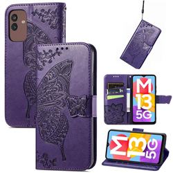 Embossing Mandala Flower Butterfly Leather Wallet Case for Samsung Galaxy M13 5G - Dark Purple