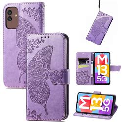 Embossing Mandala Flower Butterfly Leather Wallet Case for Samsung Galaxy M13 5G - Light Purple