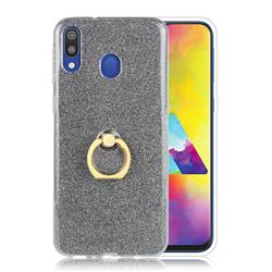 Luxury Soft TPU Glitter Back Ring Cover with 360 Rotate Finger Holder Buckle for Samsung Galaxy M20 - Black