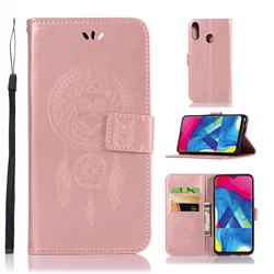 Intricate Embossing Owl Campanula Leather Wallet Case for Samsung Galaxy M20 - Rose Gold