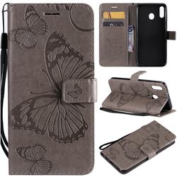 Embossing 3D Butterfly Leather Wallet Case for Samsung Galaxy M20 - Gray