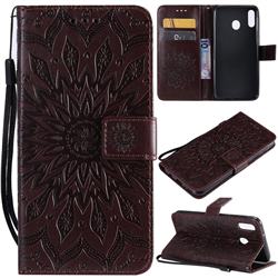 Embossing Sunflower Leather Wallet Case for Samsung Galaxy M20 - Brown