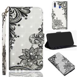 Black Lace Flower 3D Painted Leather Wallet Case for Samsung Galaxy M20