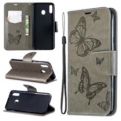 Embossing Double Butterfly Leather Wallet Case for Samsung Galaxy M20 - Gray