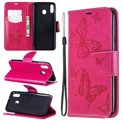 Embossing Double Butterfly Leather Wallet Case for Samsung Galaxy M20 - Red