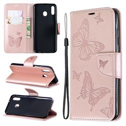 Embossing Double Butterfly Leather Wallet Case for Samsung Galaxy M20 - Rose Gold