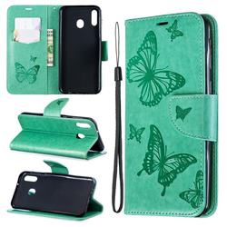 Embossing Double Butterfly Leather Wallet Case for Samsung Galaxy M20 - Green