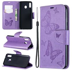 Embossing Double Butterfly Leather Wallet Case for Samsung Galaxy M20 - Purple
