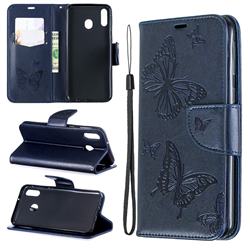 Embossing Double Butterfly Leather Wallet Case for Samsung Galaxy M20 - Dark Blue