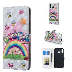 Rainbow Owl Family 3D Painted Leather Phone Wallet Case for Samsung Galaxy M20