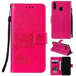 Embossing Owl Couple Flower Leather Wallet Case for Samsung Galaxy M20 - Red