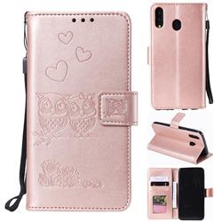 Embossing Owl Couple Flower Leather Wallet Case for Samsung Galaxy M20 - Rose Gold