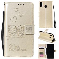 Embossing Owl Couple Flower Leather Wallet Case for Samsung Galaxy M20 - Golden