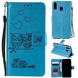 Embossing Owl Couple Flower Leather Wallet Case for Samsung Galaxy M20 - Blue