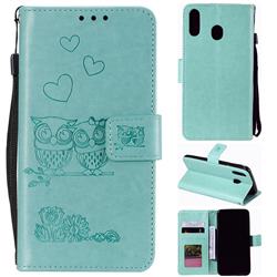 Embossing Owl Couple Flower Leather Wallet Case for Samsung Galaxy M20 - Green