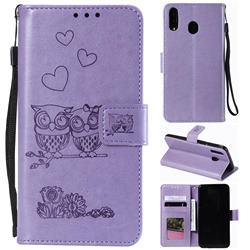 Embossing Owl Couple Flower Leather Wallet Case for Samsung Galaxy M20 - Purple