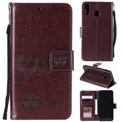 Embossing Owl Couple Flower Leather Wallet Case for Samsung Galaxy M20 - Brown