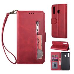 Retro Calfskin Zipper Leather Wallet Case Cover for Samsung Galaxy M20 - Red