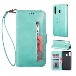 Retro Calfskin Zipper Leather Wallet Case Cover for Samsung Galaxy M20 - Mint Green