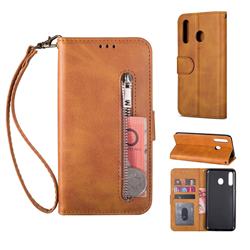 Retro Calfskin Zipper Leather Wallet Case Cover for Samsung Galaxy M20 - Brown