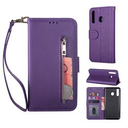 Retro Calfskin Zipper Leather Wallet Case Cover for Samsung Galaxy M20 - Purple