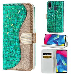 Glitter Diamond Buckle Laser Stitching Leather Wallet Phone Case for Samsung Galaxy M20 - Green