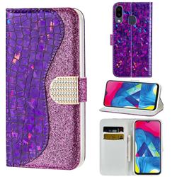 Glitter Diamond Buckle Laser Stitching Leather Wallet Phone Case for Samsung Galaxy M20 - Purple