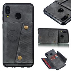 Retro Multifunction Card Slots Stand Leather Coated Phone Back Cover for Samsung Galaxy M20 - Gray