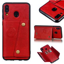 Retro Multifunction Card Slots Stand Leather Coated Phone Back Cover for Samsung Galaxy M20 - Red