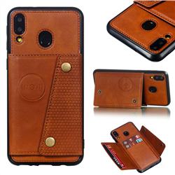 Retro Multifunction Card Slots Stand Leather Coated Phone Back Cover for Samsung Galaxy M20 - Brown