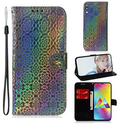 Laser Circle Shining Leather Wallet Phone Case for Samsung Galaxy M20 - Silver