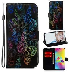 Black Butterfly Laser Shining Leather Wallet Phone Case for Samsung Galaxy M20
