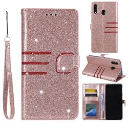 Retro Stitching Glitter Leather Wallet Phone Case for Samsung Galaxy M20 - Rose Gold