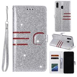 Retro Stitching Glitter Leather Wallet Phone Case for Samsung Galaxy M20 - Silver