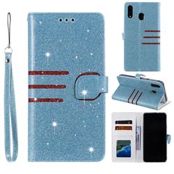 Retro Stitching Glitter Leather Wallet Phone Case for Samsung Galaxy M20 - Blue