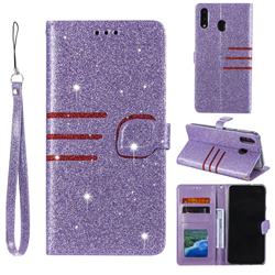 Retro Stitching Glitter Leather Wallet Phone Case for Samsung Galaxy M20 - Purple